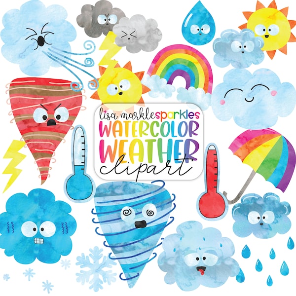 Watercolor Weather Clipart Cloud Rainbow Umbrella Snow Snowflake Rain Sky PNG Image Clipart