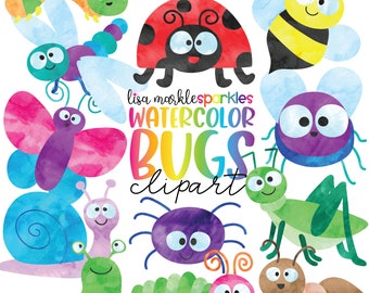 May include: Watercolor clipart set of various bugs, including a ladybug, butterfly, bee, snail, caterpillar, spider, grasshopper, and ant. The bugs are all brightly colored and have friendly faces.