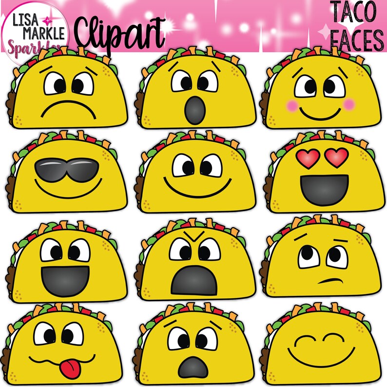 May include: A set of 12 digital clipart images featuring taco-shaped faces with various expressions, including happy, sad, surprised, angry, and in love. The taco faces are yellow with brown fillings and green lettuce. The text "Taco Faces" appears in the top right corner of the image.