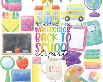 Watercolor First Day of Back to School Clipart Teacher Supplies Library Backpack Office Planner Books Reading Pencil Crayons