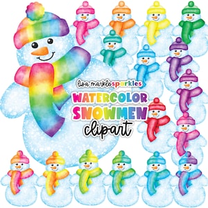 水彩画の冬の雪だるまの虹のクリップアートPNG画像インスタントデジタルダウンロードクリスマスシーズン1月の雪だるまの帽子とスカーフのクリップアート