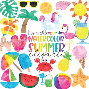 Watercolor Summer Clipart PNG Image Tropical Beach Vacation Flamingo Popsicle Pineapple Clipart