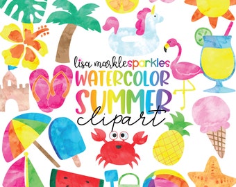 Watercolor Summer Clipart PNG Image Tropical Beach Vacation Flamingo Popsicle Pineapple Clipart