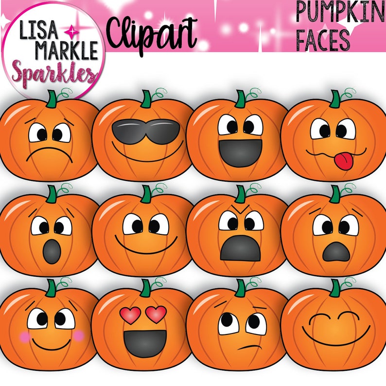 May include: Set of 12 orange pumpkin clip art images with different facial expressions, including happy, sad, surprised, and angry. The text "Pumpkin Faces" is at the top of the image.