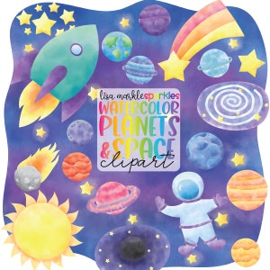 Aquarela Espaço Exterior Planeta Galáxia Astronauta Foguete Nave Clipart Sol Lua Ciência PNG Imagem Download Digital Instantâneo