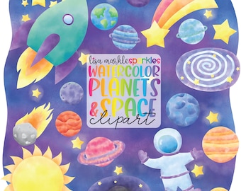 Watercolor Outer Space Planet Galaxy Astronaut Rocket Ship Clipart Sun Moon Science PNG Image Instant Digital Download