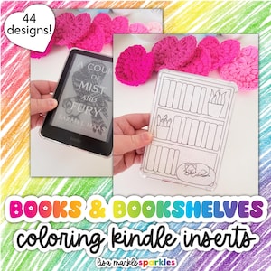 May include: A set of 44 printable coloring pages for Kindle inserts featuring books and bookshelves. The images are black and white line drawings. The text "BOOKS & BOOKSHELVES coloring kindle inserts" is at the bottom of the image.