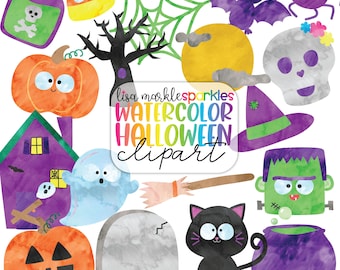 Watercolor Halloween Clipart PNG Images Witch Black Cat Ghost Pumpkin Jack O Lantern Haunted House Frankenstein Spider Web Candy Corn