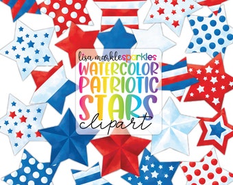Puede incluir: Un conjunto de 12 estrellas patrióticas de acuarela en rojo, blanco y azul con varios patrones, incluyendo rayas, lunares y estrellas. Las estrellas son perfectas para scrapbooking, creación de tarjetas y otros proyectos de manualidades.  "Lisa Markle Sparkles Watercolor Patriotic Stars Clipart"