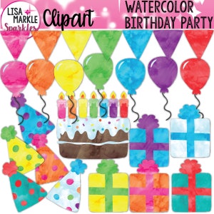 Birthday Clipart, Watercolor Birthday Party Clipart