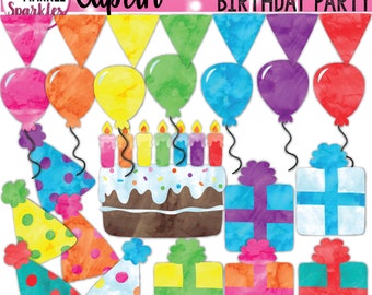 Birthday Clipart, Watercolor Birthday Party Clipart