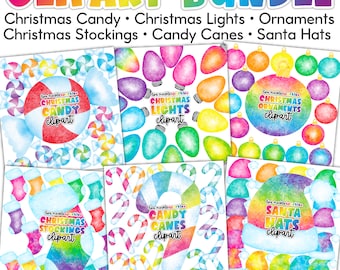 Watercolor Christmas Clipart BUNDLE Peppermint Candy Candy Canes Christmas Lights Ornaments Santa Claus Hats PNG Image Clipart Bundle