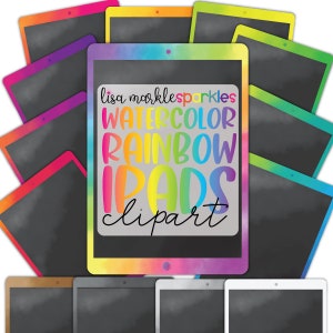 Op de afbeelding: Een set van 12 digitale tablet clipart afbeeldingen met een aquarel regenboog ontwerp. De tablets hebben een zwart scherm en een verscheidenheid aan gekleurde frames. De tekst "lisa marklesparkles WATERCOLOR RAINBOW IPADS clipart" wordt weergegeven op de middelste tablet.