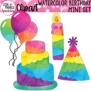 Birthday Clipart, Cake Clipart, Party Clipart, Watercolor Clipart, Rainbow Clipart