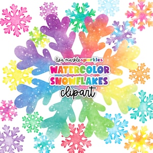 May include: Watercolor snowflakes clipart featuring a rainbow of colors with a white background. The text "lisa markle sparkles WATERCOLOR SNOWFLAKES clipart" is in the center of the image.