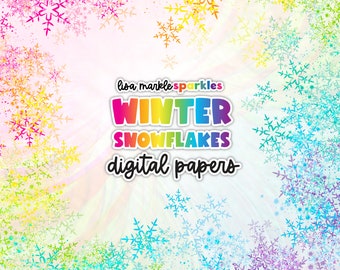 Winter Snowflake Digital Paper Backgrounds Clipart Pack Rainbow Watercolor Instant Digital Download PNG Image