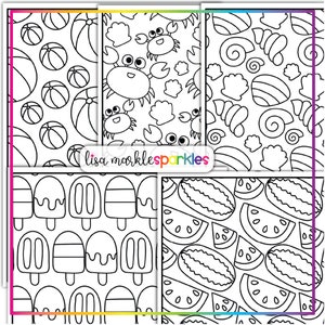 Pu&ograve; includere: Un set di quattro pagine da colorare in bianco e nero con temi estivi. Le pagine includono immagini di palloni da spiaggia, granchi, conchiglie, coni gelato e fette di anguria.
