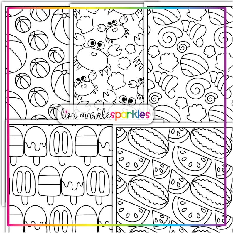 Pu&ograve; includere: Un set di quattro pagine da colorare in bianco e nero con temi estivi. Le pagine includono immagini di palloni da spiaggia, granchi, conchiglie, coni gelato e fette di anguria.