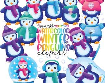 Watercolor Winter Penguin Clipart Cute Animal Clipart Instant Download PNG Images
