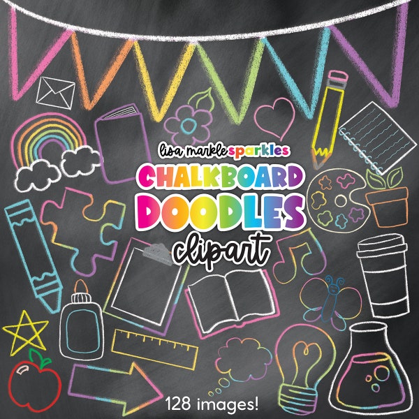 Tafel-Doodles-Clipart. Zurück zur Schule. Lehrer-Klassenzimmer. Tafel-Hintergrund-Clipart