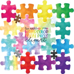 Watercolor Rainbow Jigsaw Puzzle Piece Clipart PNG Image Digital Instant Download