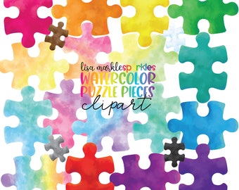 Watercolor Rainbow Jigsaw Puzzle Piece Clipart PNG Image Digital Instant Download