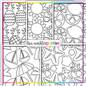 Pu&ograve; includere: Un set di cinque pagine da colorare in bianco e nero con temi estivi. Le pagine includono ananas, limoni, girasoli, conchiglie e barche a vela.