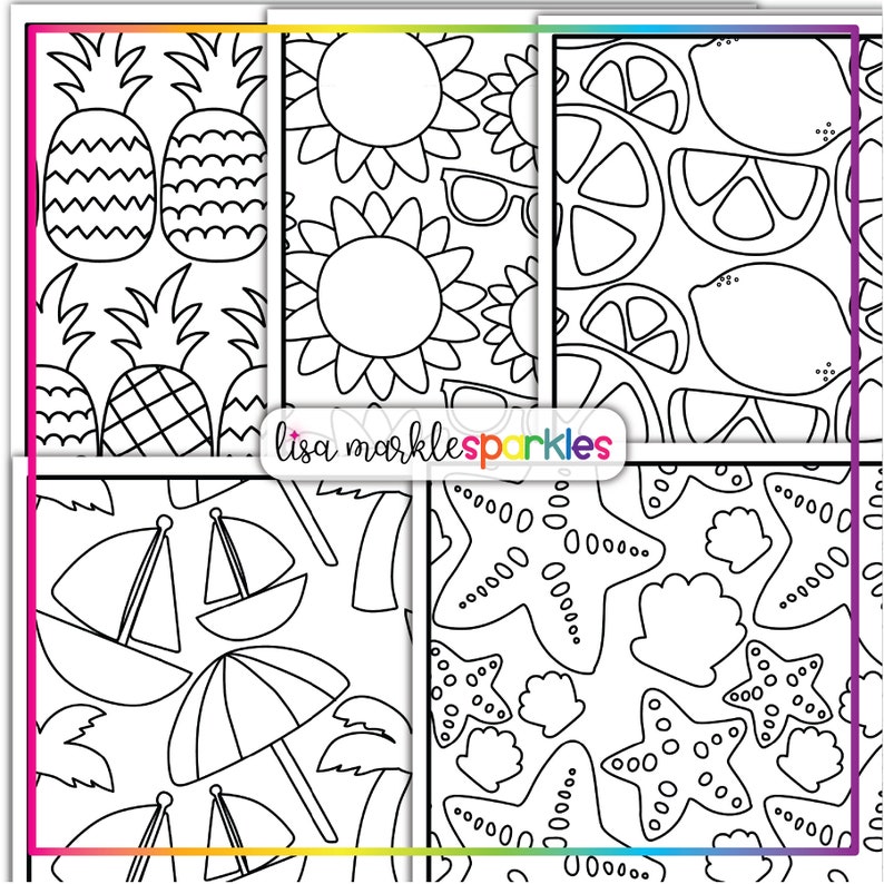 Pu&ograve; includere: Un set di cinque pagine da colorare in bianco e nero con temi estivi. Le pagine includono ananas, limoni, girasoli, conchiglie e barche a vela.