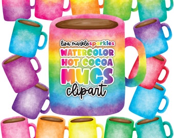 Watercolor Coffee Hot Chocolate Cocoa Mugs Clipart PNG Image Instant Digital Download Coffee Cup Mug Clipart