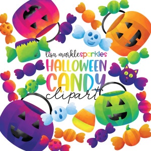 Watercolor Halloween Candy Clipart with Pumpkin Candy Corn Ghost Skull Black Cat Frankenstein Clipart