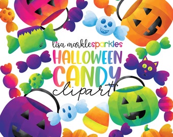 Watercolor Halloween Candy Clipart with Pumpkin Candy Corn Ghost Skull Black Cat Frankenstein Clipart