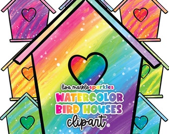 Watercolor Birdhouse Clipart Rainbow Spring Garden Bird House Cottagecore PNG Image Instant Digital Download