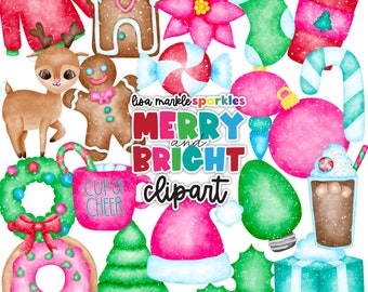 Watercolor Christmas Clipart Holiday Trees Cookies Candy Cane Hot Chocolate Drink Lights Gifts Stockings Gingerbread Santa PNG Image Clipart