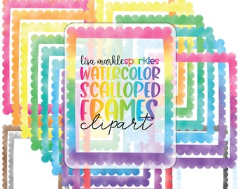 Watercolor Rainbow Rectangle Scallop Frame Border Clipart PNG Image Instant Digital Download