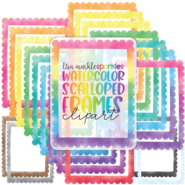 Watercolor Rainbow Rectangle Scallop Frame Border Clipart PNG Image Instant Digital Download