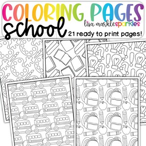 May include: A set of 21 black and white coloring pages featuring school-themed illustrations. The pages include images of school buses, backpacks, apples, pencils, paint palettes, books, question marks, and light bulbs.