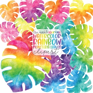 Monstera Leaf Clipart Watercolor Rainbow PNG Image Greenery Tropical Summer Jungle Palm Plant Clipart