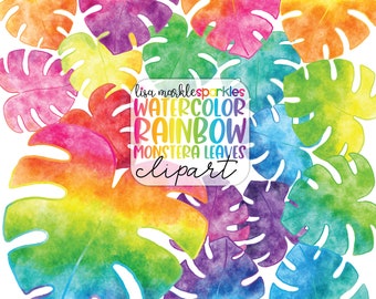 Monstera Leaf Clipart Watercolor Rainbow PNG Image Greenery Tropical Summer Jungle Palm Plant Clipart
