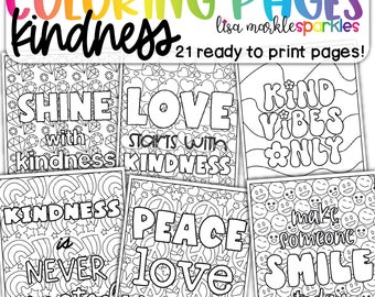 May include: A set of 6 black and white colouring pages with positive messages about kindness, love, peace, and good vibes. The pages feature a variety of designs, including hearts, peace signs, and smiley faces.