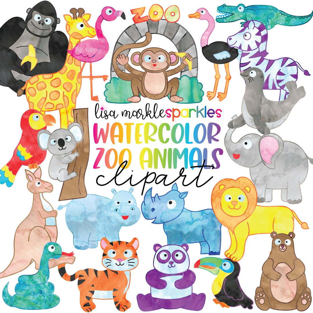 Watercolor Zoo Animals Clipart Safari Jungle Nature Tiger Flamingo PNG