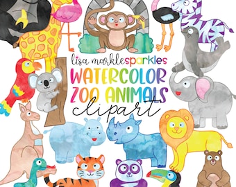 Watercolor Zoo Animals Clipart Safari Jungle Nature Tiger Flamingo PNG Image Instant Digital Download