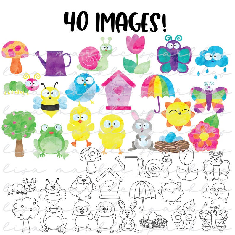 Puede incluir: Una colecci&oacute;n de 40 im&aacute;genes de acuarela con ilustraciones de tem&aacute;tica primaveral. Las im&aacute;genes incluyen mariposas, flores, p&aacute;jaros, abejas, pollitos, un conejo y una regadera. El texto "40 IMAGES!" est&aacute; en la parte superior.