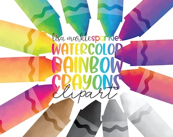 May include: Watercolor rainbow crayons clipart. A set of 12 crayons in a rainbow of colors, including red, orange, yellow, green, blue, indigo, violet, brown, black, gray, and white. The crayons are arranged in a circle with the tips pointing towards the center.