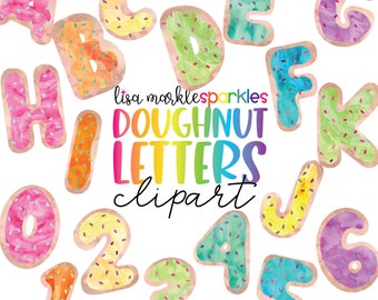 Watercolor Donut Alphabet Letters and Numbers Clipart, Doughnut Clipart, Donut Clipart, Bakery Clipart, Donut Party Clipart