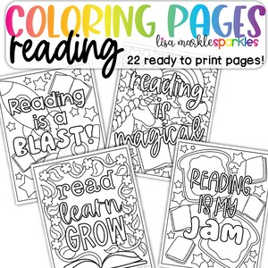 Páginas para colorir de livros da biblioteca de leitura, PDF para impressão para crianças e adultos, citações de leitura, pôster decorativo