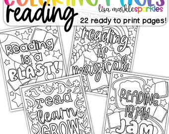 Reading Library Book Coloring Pages Printable PDF for Kids and Adults Reading Quotes Decor Poster