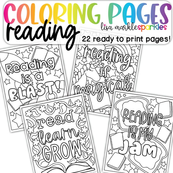 Reading Library Book Coloring Pages Printable PDF for Kids and Adults Reading Quotes Decor Poster