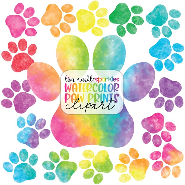 Watercolor Rainbow Paw Print Clipart PNG Image Pet Cat Dog Puppy Animal Paw Print Veterinarian Clipart Instant Digital Download