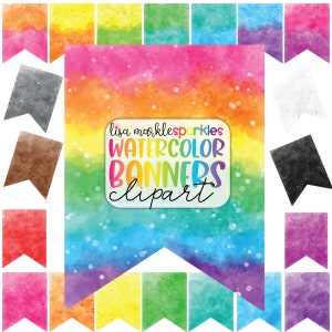 Watercolor Splotch Banner Bunting Clipart Rainbow Watercolor Washes Splashes Brush Strokes Swatches Textures PNG Image Sublimation