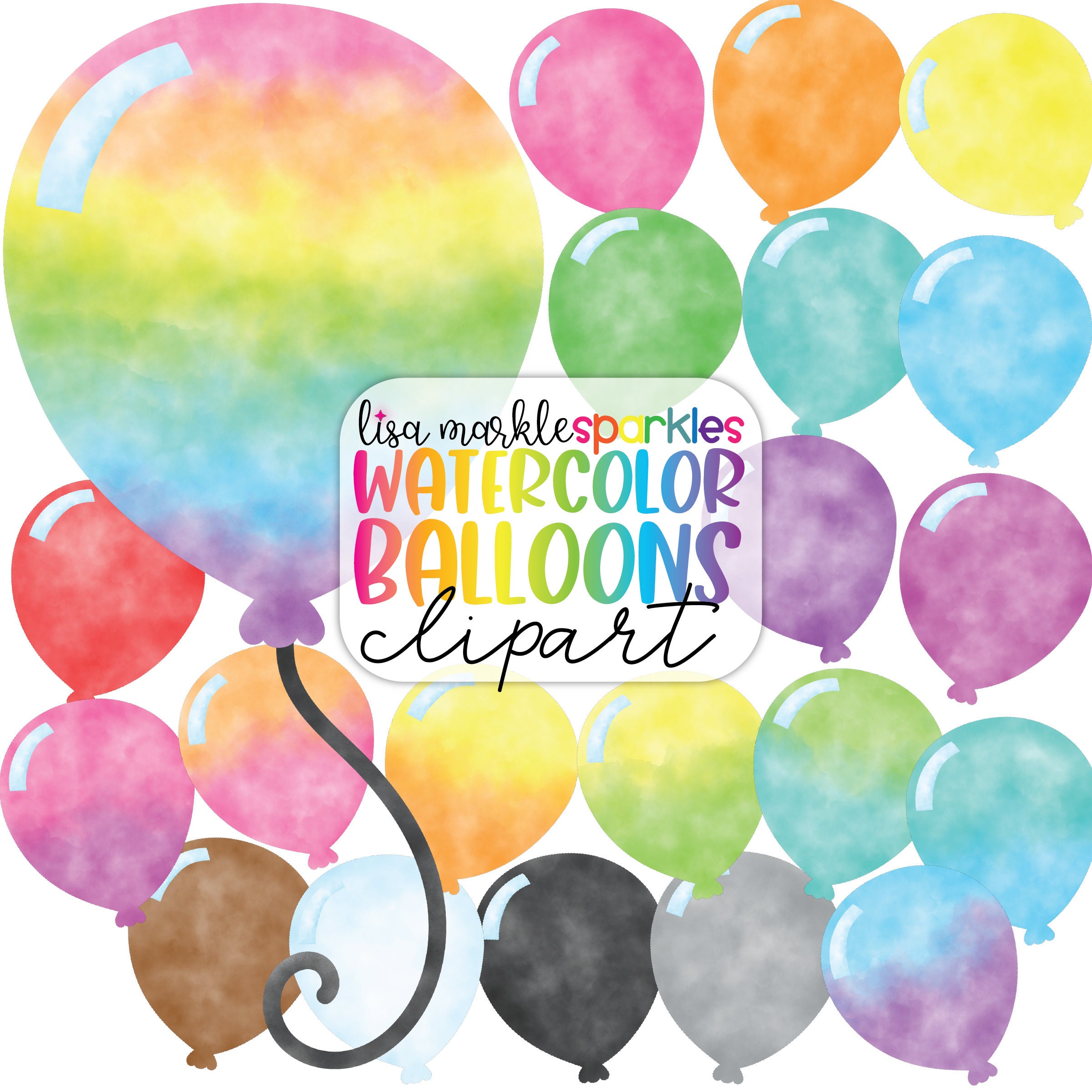 Watercolor Rainbow Birthday Clipart BUNDLE Balloon Cake Candles ...